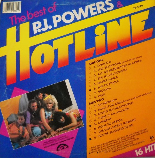 P.J. Powers & Hotline - The Best Of P.J. Powers & Hotline - 16 Greatest Hits (LP back cover)