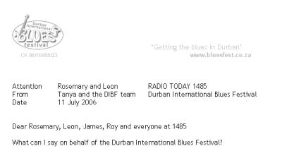 Thank You Letter from Durban International Blues Festival - click for full letter